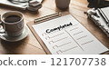 A clipboard with a completed checklist rests on a wooden desk alongside a cup of coffee, symbolizing productivity, accomplishment, and organization in a workspace. 121707738