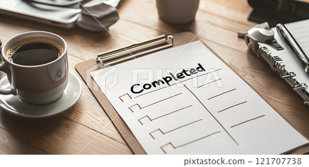 A clipboard with a completed checklist rests on a wooden desk alongside a cup of coffee, symbolizing productivity, accomplishment, and organization in a workspace. A clipboard with a completed checklist rests on a wooden desk alongside a cup of coffee, symbolizing productivity, accomplishment, and organization in a workspace. 121707738