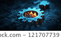 A glowing gear with people icons inside represents teamwork, collaboration, and functionality within a futuristic digital system on a dark technology-inspired background 121707739