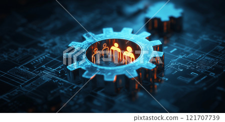 A glowing gear with people icons inside represents teamwork, collaboration, and functionality within a futuristic digital system on a dark technology-inspired background 121707739