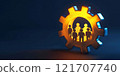 A glowing gear with human figures in the center represents integration, collaboration, and operational synergy within a mechanical and technological system. 121707740