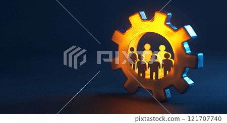 A glowing gear with human figures in the center represents integration, collaboration, and operational synergy within a mechanical and technological system. 121707740