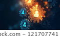 Multiple glowing gears with user icons symbolize digital connections, teamwork, and innovation in a futuristic interconnected system. 121707741
