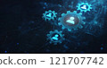 Multiple glowing gears with user icons symbolize digital connections, teamwork, and innovation in a futuristic interconnected system. 121707742