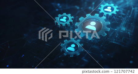 Multiple glowing gears with user icons symbolize digital connections, teamwork, and innovation in a futuristic interconnected system. Multiple glowing gears with user icons symbolize digital connections, teamwork, and innovation in a futuristic interconnected system. 121707742