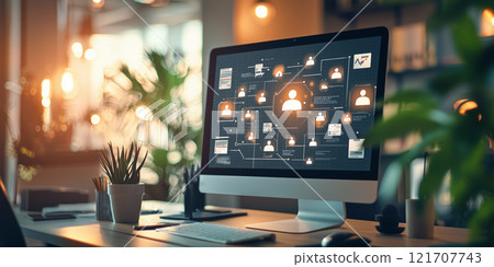 A desktop screen with digital networking user icons in an illuminated modern office setting highlights technology, connectivity, and remote collaboration. A desktop screen with digital networking user icons in an illuminated modern office setting highlights technology, connectivity, and remote collaboration. 121707743