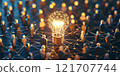 A glowing lightbulb in a network of connected people highlights creativity, innovation, teamwork, and collaborative problem-solving in a conceptual digital environment. 121707744