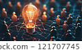 A glowing lightbulb in a network of connected people highlights creativity, innovation, teamwork, and collaborative problem-solving in a conceptual digital environment. 121707745