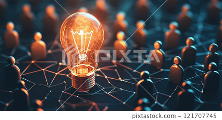 A glowing lightbulb in a network of connected people highlights creativity, innovation, teamwork, and collaborative problem-solving in a conceptual digital environment. A glowing lightbulb in a network of connected people highlights creativity, innovation, teamwork, and collaborative problem-solving in a conceptual digital environment. 121707745