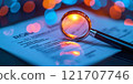 A magnifying glass focuses on text surrounded by vibrant bokeh lights, symbolizing analysis, detail, research, and clarity in a visually striking setting 121707746