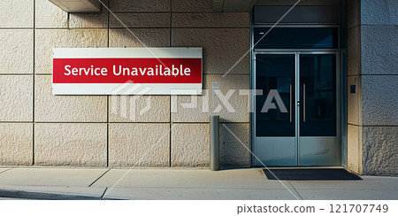 A red and white "Service Unavailable" sign on the wall of a modern building, indicating closure of facilities or services. 121707749
