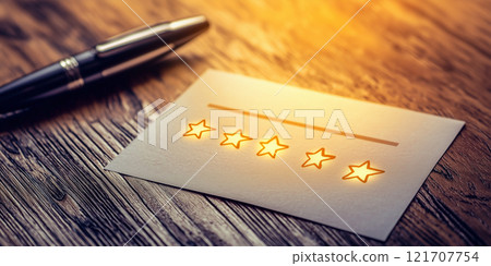 A glowing five-star rating displayed on a card with a pen, placed on a wooden desk, symbolizing feedback, quality, and evaluation. 121707754