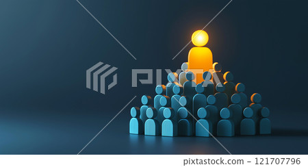 A pyramid of user icons with a glowing leader on top represents leadership, teamwork, and hierarchy in a collaborative system 121707796