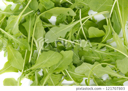 Fresh Green Arugula Leaves Spread Out on White Background 121707803