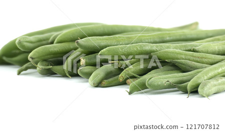 Fresh Green Beans on White Background with Crisp Texture and Vibrant Color 121707812