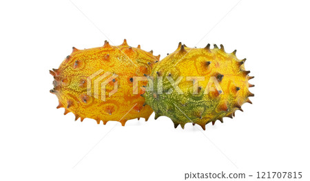 Two Ripe Spiky Horned Melons Displayed on White Background 121707815
