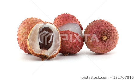 Close-Up of Fresh Lychee Fruits with Open and Whole Views Displayed 121707816