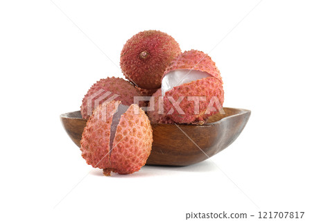 Fresh Lychee Fruits on Wooden Bowl Isolated on White Background 121707817