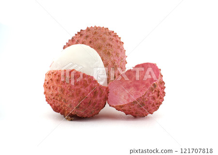 Fresh Litchi Fruit with Its Vibrant Peel and Juicy White Flesh Fresh Litchi Fruit with Its Vibrant Peel and Juicy White Flesh 121707818