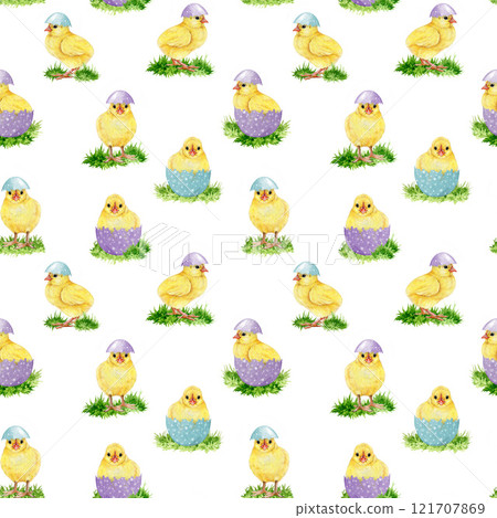 Easter mood adorable yellow chicks, pastel color painted eggs seamless pattern on white background. Hand drawn watercolor illustration. Perfect for Easter festive decor and spring crafts 121707869
