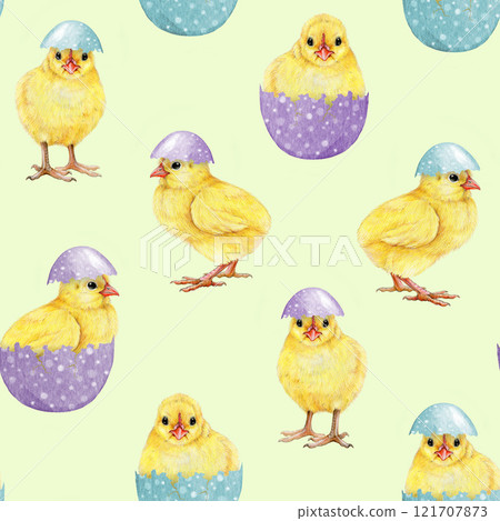 Easter mood cute yellow chicks with pastel color painted eggs seamless pattern. Hand drawn vintage style illustration. Perfect for Easter festive decor and spring themed crafts design 121707873