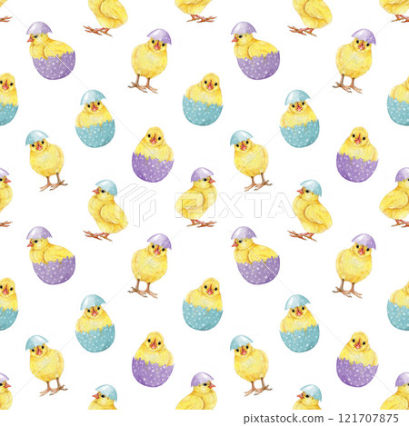 Easter cute yellow chicks with pastel color painted eggs seamless pattern on white background. Hand drawn vintage style watercolor illustration. Perfect for Easter festive decor and spring crafts Easter cute yellow chicks with pastel color painted eggs seamless pattern on white background. Hand drawn vintage style watercolor illustration. Perfect for Easter festive decor and spring crafts 121707875