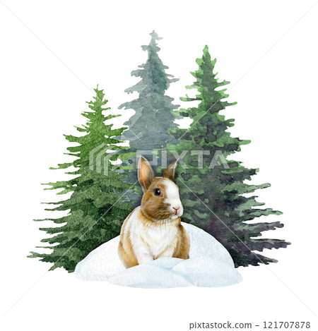 Cute little bunny in snow piles in front of fir tree background. Hand drawn winter mood illustration. Winter season wildlife nature scene. Rabbit under evergreen conifer trees on white background Cute little bunny in snow piles in front of fir tree background. Hand drawn winter mood illustration. Winter season wildlife nature scene. Rabbit under evergreen conifer trees on white background 121707878