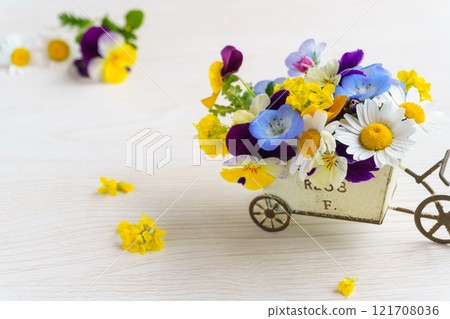 Background of a flower basket full of spring flowers picked from the garden 121708036
