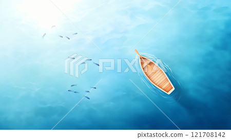 海上漂浮的小木船 121708142