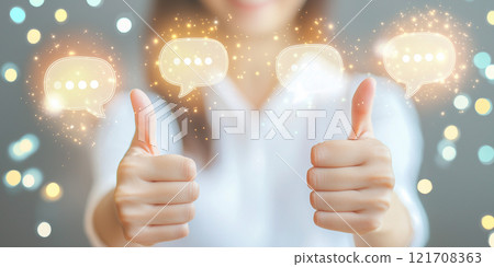 Two hands giving thumbs up with glowing yellow speech bubbles floating above, surrounded by sparkles and bokeh, representing positivity and social interaction. Two hands giving thumbs up with glowing yellow speech bubbles floating above, surrounded by sparkles and bokeh, representing positivity and social interaction. 121708363