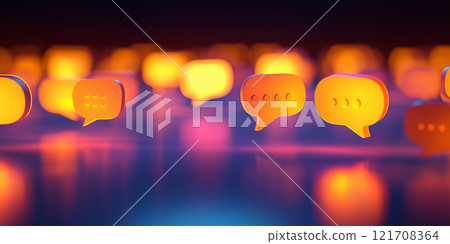 Glowing orange speech bubbles floating above a reflective surface, surrounded by vibrant colors and abstract bokeh. 121708364