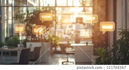Floating glowing speech bubbles in a warm and inviting office space, filled with natural light and greenery. Floating glowing speech bubbles in a warm and inviting office space, filled with natural light and greenery. 121708367
