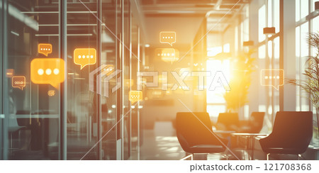 A hand reaching out with glowing transparent speech bubbles floating above it, surrounded by warm sunlight and nature 121708368