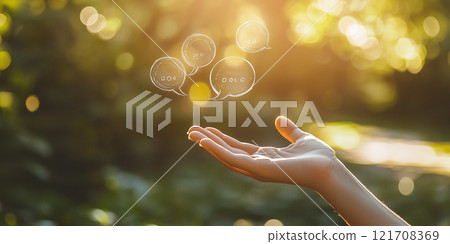 An open hand holding glowing, transparent speech bubbles in a warm natural environment filled with golden sunlight and greenery. 121708369