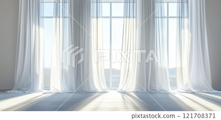 White translucent curtains softly illuminated by natural light streaming through a large window, creating a clean and serene atmosphere White translucent curtains softly illuminated by natural light streaming through a large window, creating a clean and serene atmosphere 121708371