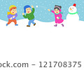 Snowball fight children and snowmen for postcards and winter greeting cards 121708375
