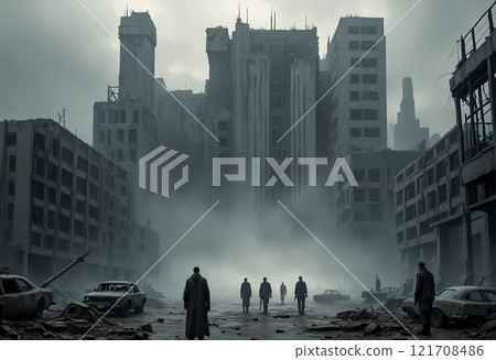 AI-generated image of abandoned facility and people standing in rubble-strewn area 121708486