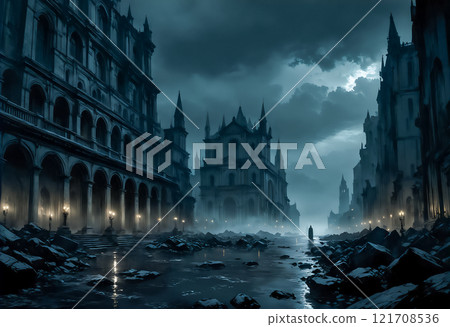Abandoned historic city street with people walking (AI generated image) 121708536