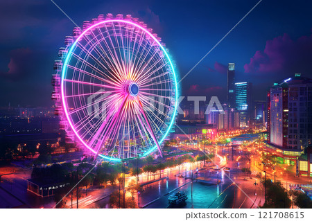 摩天輪閃閃發光的夜市景色 121708615