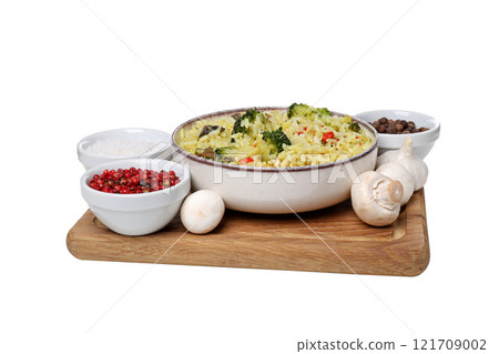 PNG, plate with pilaf and ingredients, isolated on white background. PNG, plate with pilaf and ingredients, isolated on white background. 121709002