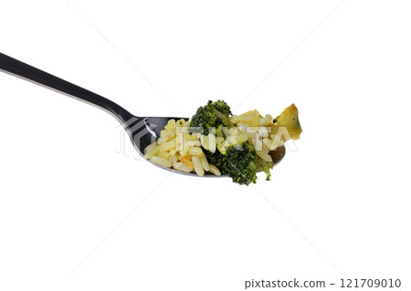 PNG, spoon filled with pilaf, isolated on white background. PNG, spoon filled with pilaf, isolated on white background. 121709010