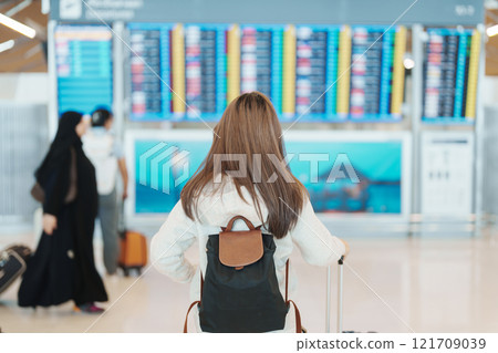 Young woman hand holding luggage handle before checking flight time in airport, Transport, insurance, travel and vacation concepts 121709039