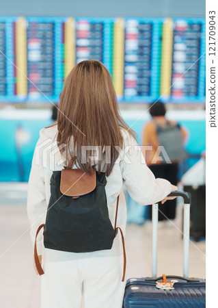 Young woman hand holding luggage handle before checking flight time in airport, Transport, insurance, travel and vacation concepts 121709043