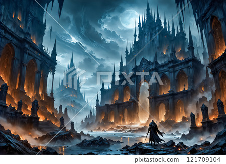 "AI-generated image" of a fantasy hero standing on a gigantic building illuminated by the moon 121709104