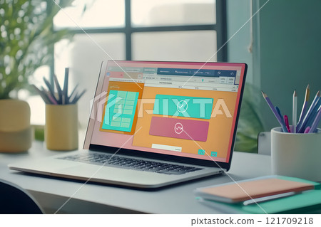 Creative composition of a laptop with sticky notes on the desktop Creative composition of a laptop with sticky notes on the desktop 121709218