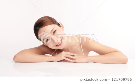 Beautiful young asian woman with clean fresh skin on white background, Face care, Facial treatment, Cosmetology, beauty and spa, Asian women portrait. 121709796