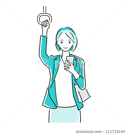 Illustration of an office lady holding onto a strap while looking at her smartphone during her commute 121710144