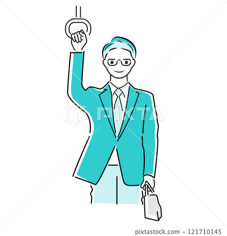 一名商人緊握通勤列車帶子的插圖 一名商人緊握通勤列車帶子的插圖 121710145