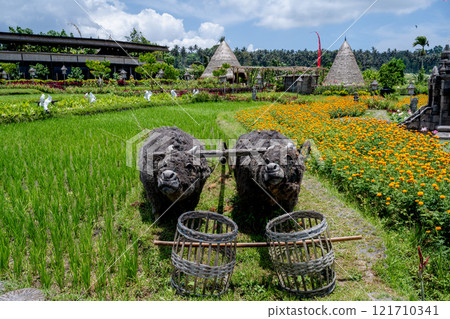 Bali, Indonesia - October 22, 2024: View of Maha Gangga Valley restaurant. buffalo decoration 121710341