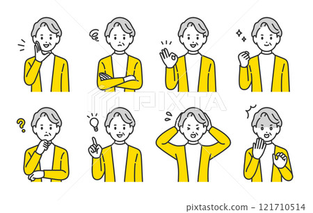 一組臉部表情和姿勢各異的老年婦女和老人【人物向量圖素材】 121710514